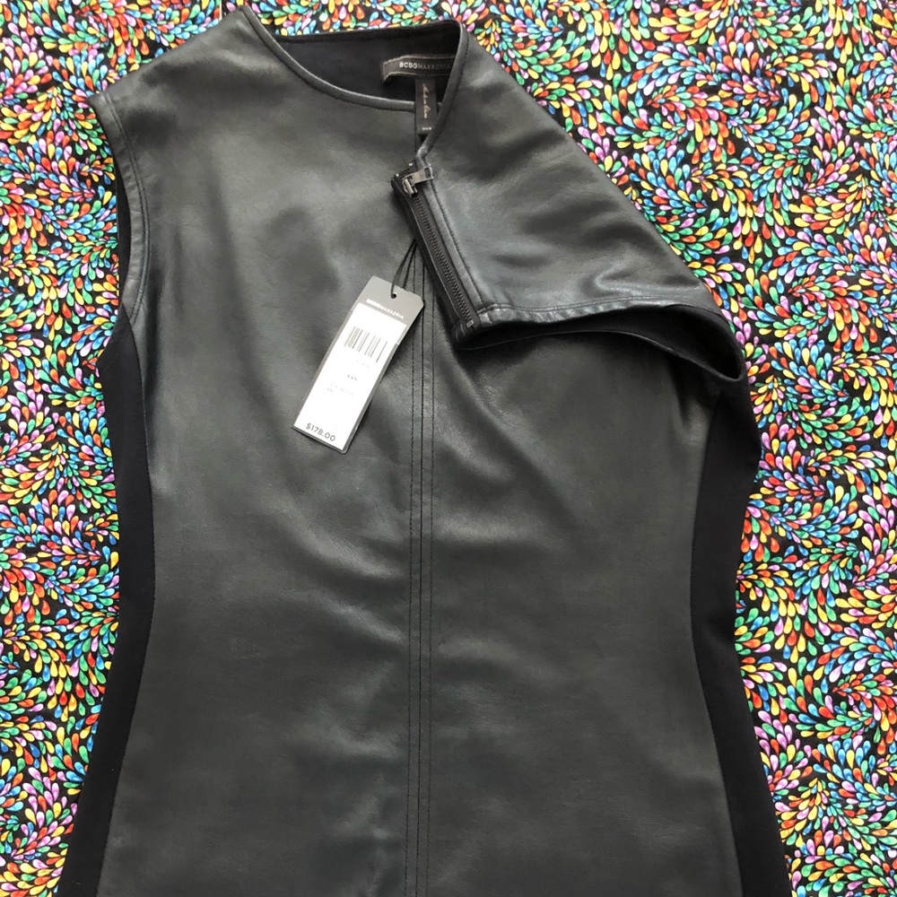 BCBGMAXAZRIA Faux Leather Zippered Shoulder Dress